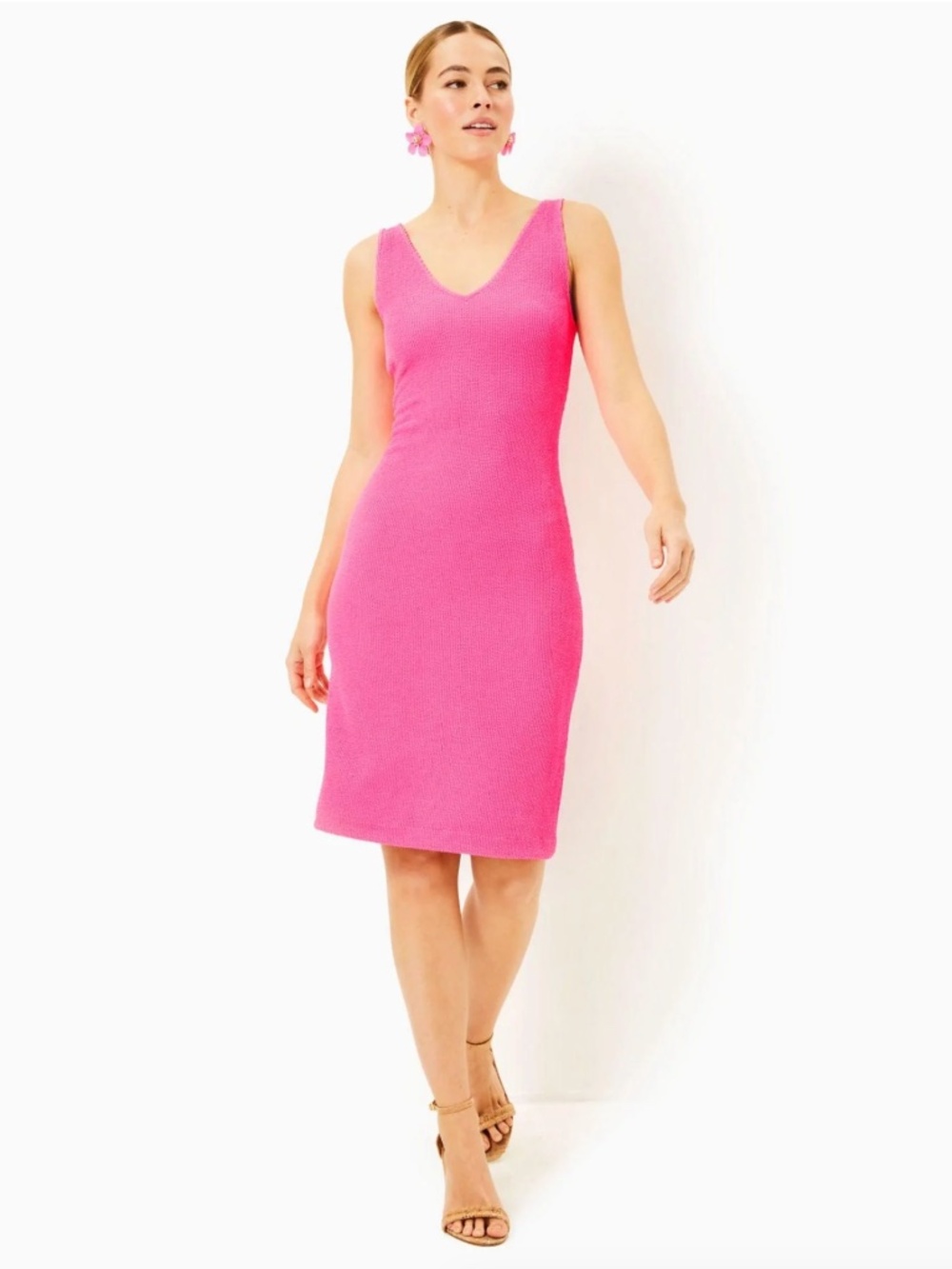 Lilly Pulitzer Stassi Knee Length Textured Scrunch V-Neck Tank Dress Roxie Pink
